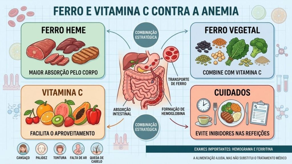 Fontes de ferro, vitamina C e cuidados alimentares melhoram a absorção intestinal.