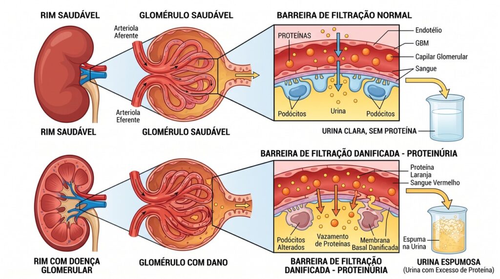 A perda de proteína pela urina pode estar ligada a alterações nos filtros dos rins.