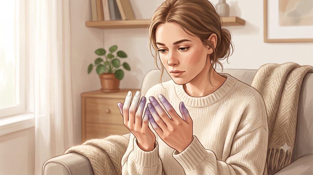 Dedos que mudam de cor no frio podem indicar uma crise do fenômeno de Raynaud.