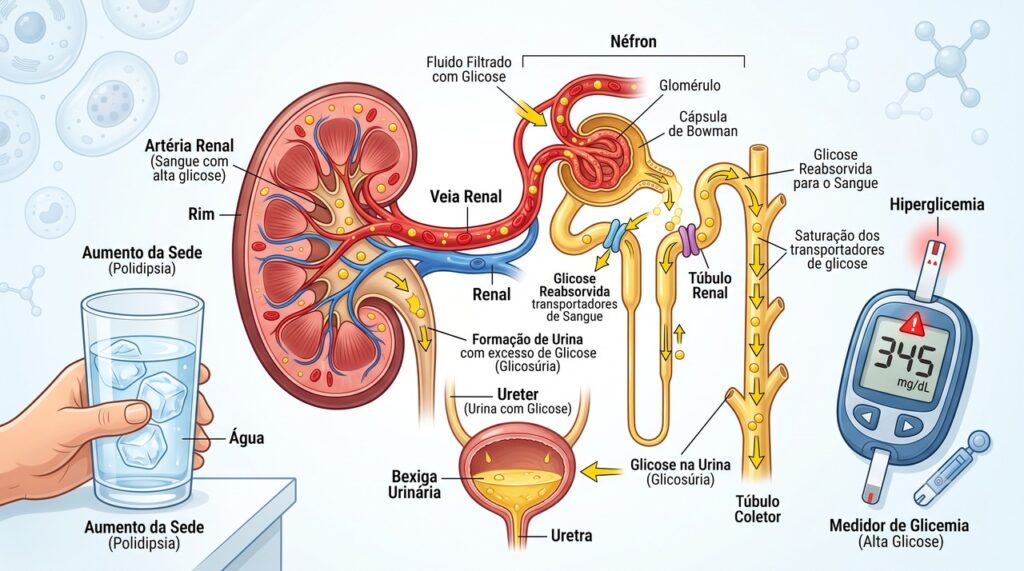 Quando a glicose está alta, os rins eliminam mais açúcar e água pela urina.