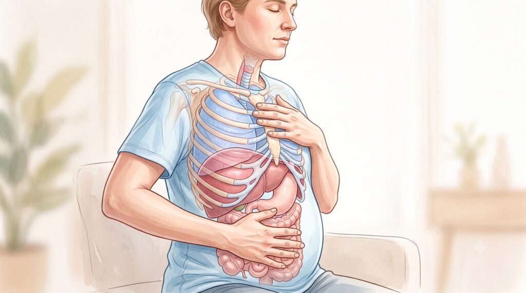 A respiração diafragmática ajuda a controlar a pressão abdominal após as refeições.