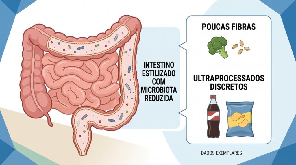 Ultraprocessados podem reduzir a diversidade da microbiota e afetar a barreira intestinal.
