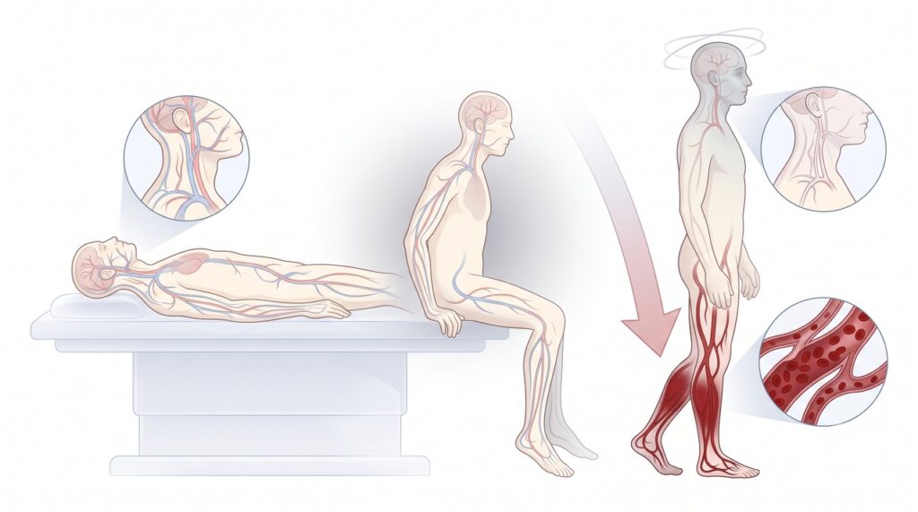 A queda temporária do fluxo sanguíneo cerebral pode causar tontura e fraqueza ao levantar.