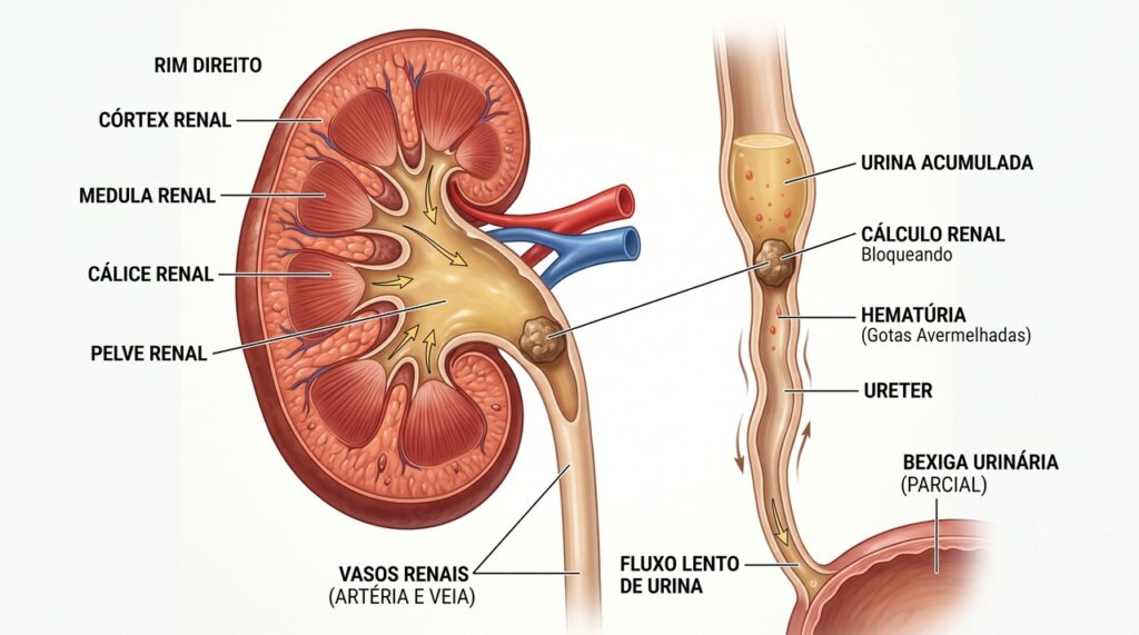 A pedra nos rins pode causar dor intensa e sangue na urina.