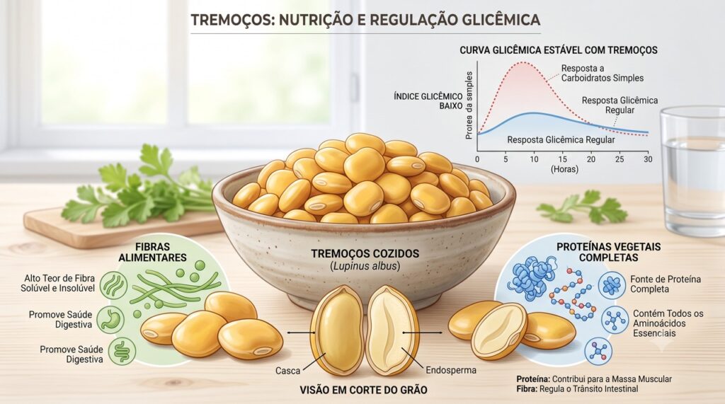 As fibras e proteínas do tremoço ajudam a reduzir a carga glicêmica da refeição.