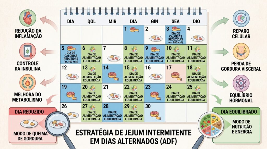 O método intercala dias de maior restrição alimentar com dias de alimentação habitual.