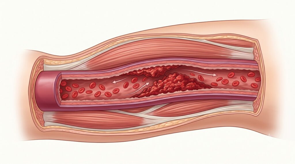 A trombose pode ocorrer quando um coágulo se forma em uma veia profunda da perna.