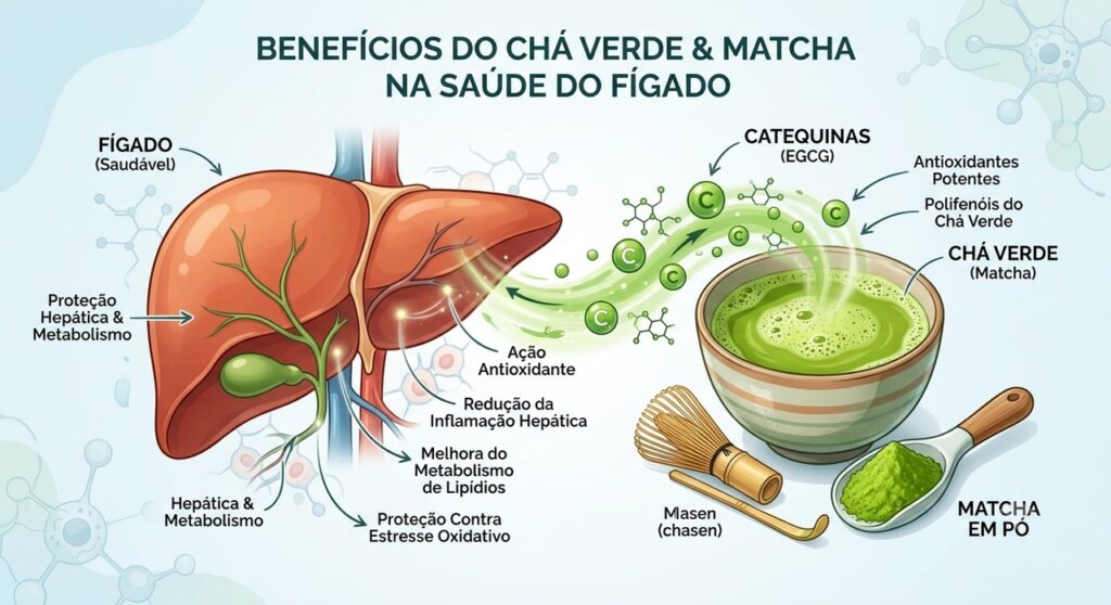 As catequinas do chá verde são estudadas por seu possível papel no metabolismo hepático.