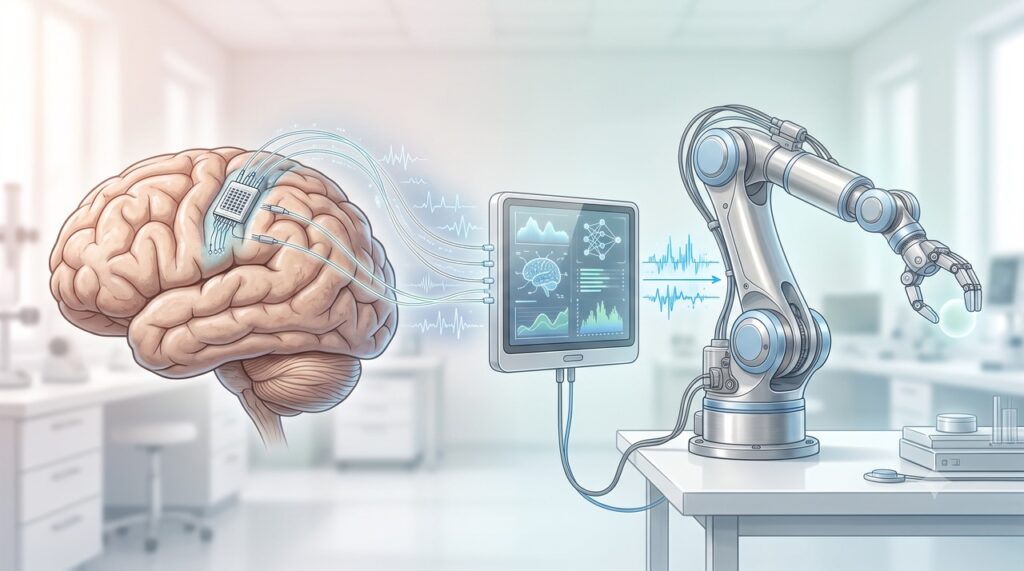 O implante registra a atividade neural para transformá-la em ações digitais ou movimentos assistidos.