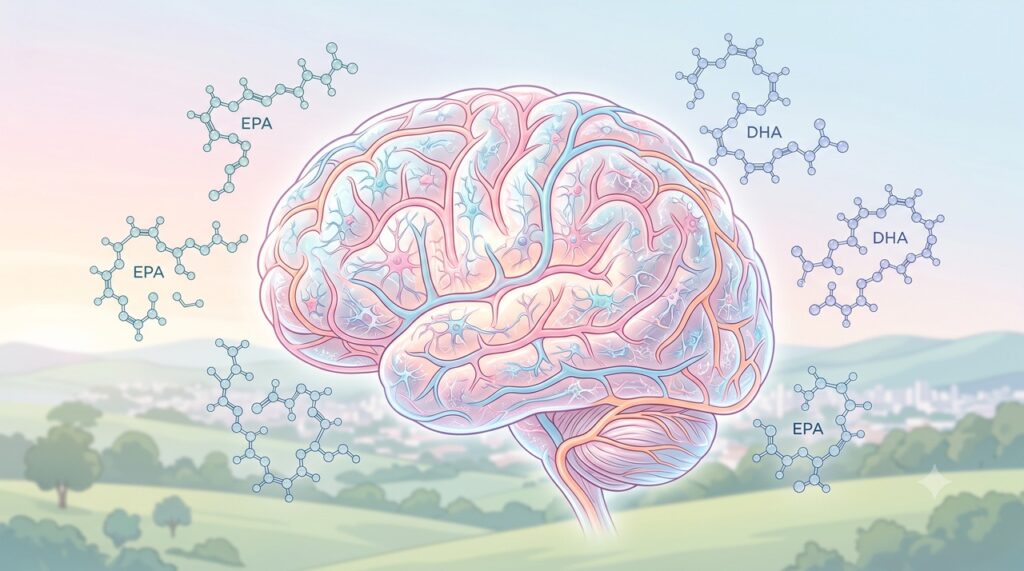 EPA e DHA participam de mecanismos relacionados às células cerebrais, à circulação e à inflamação.