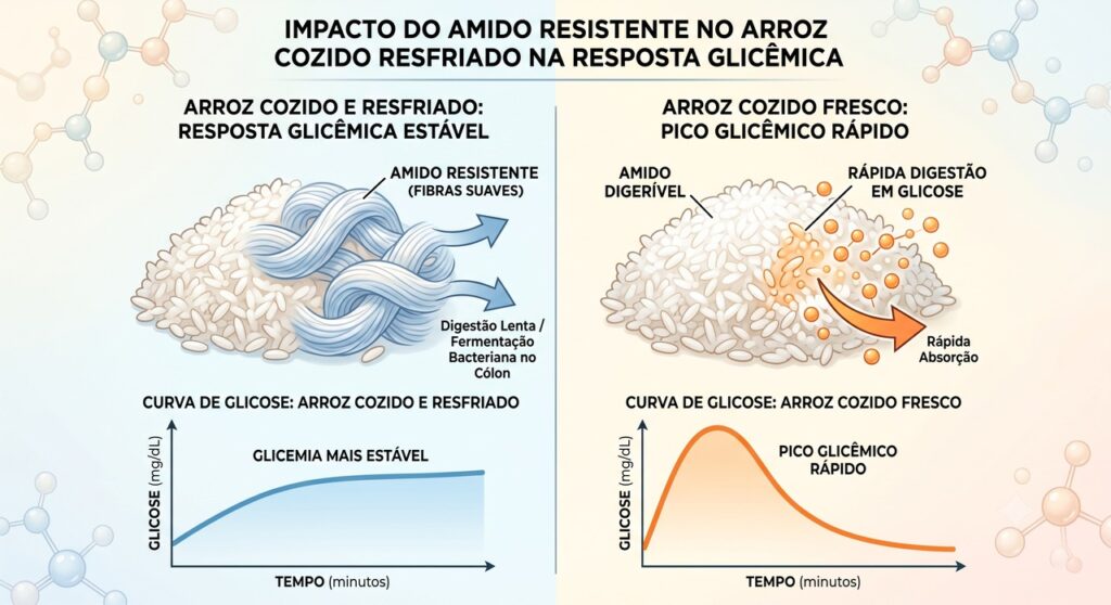 O resfriamento do arroz pode formar amido resistente, digerido mais lentamente.
