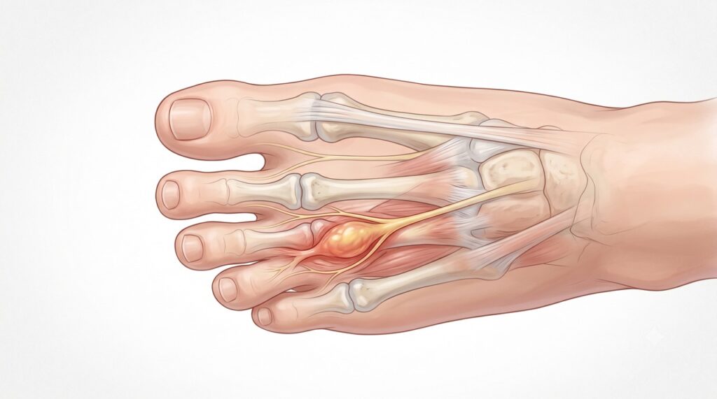 O neuroma de Morton afeta com frequência o nervo localizado entre o terceiro e o quarto dedos.