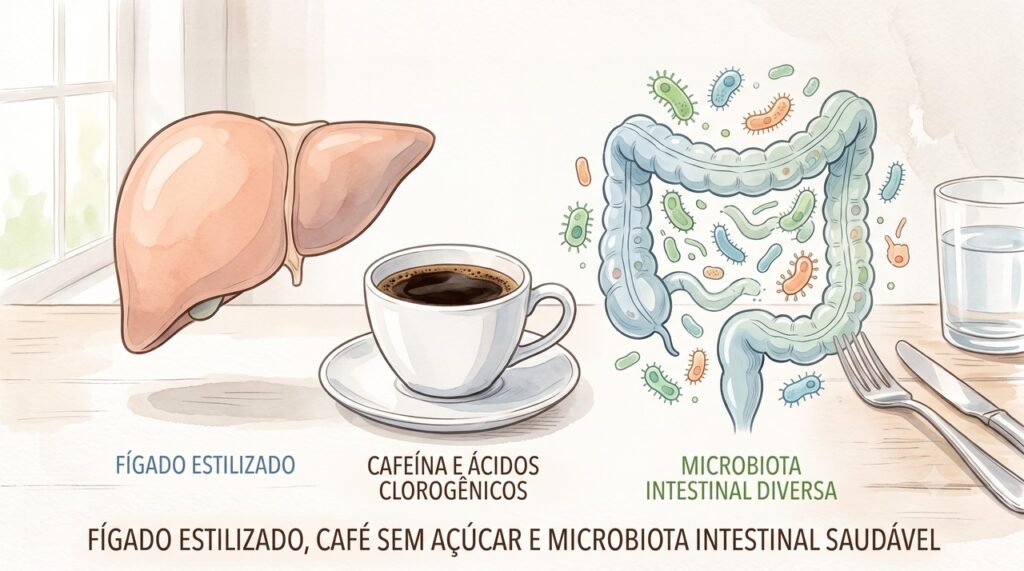 Estudo investigou café sem açúcar, microbiota e risco de gordura no fígado metabólica.