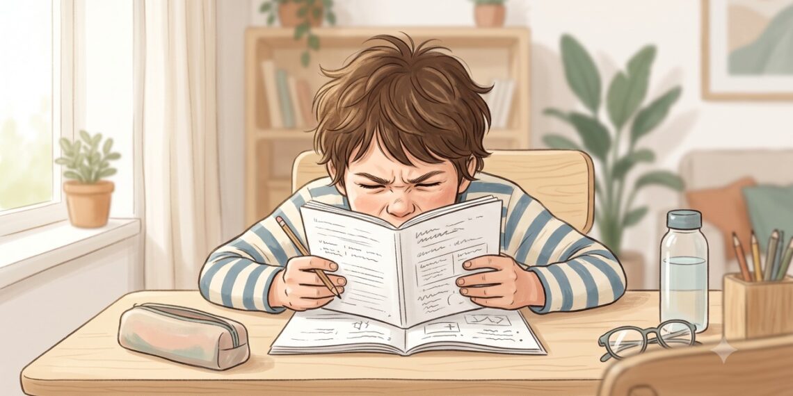 Aproximar o caderno do rosto e apertar os olhos podem ser sinais de miopia infantil.