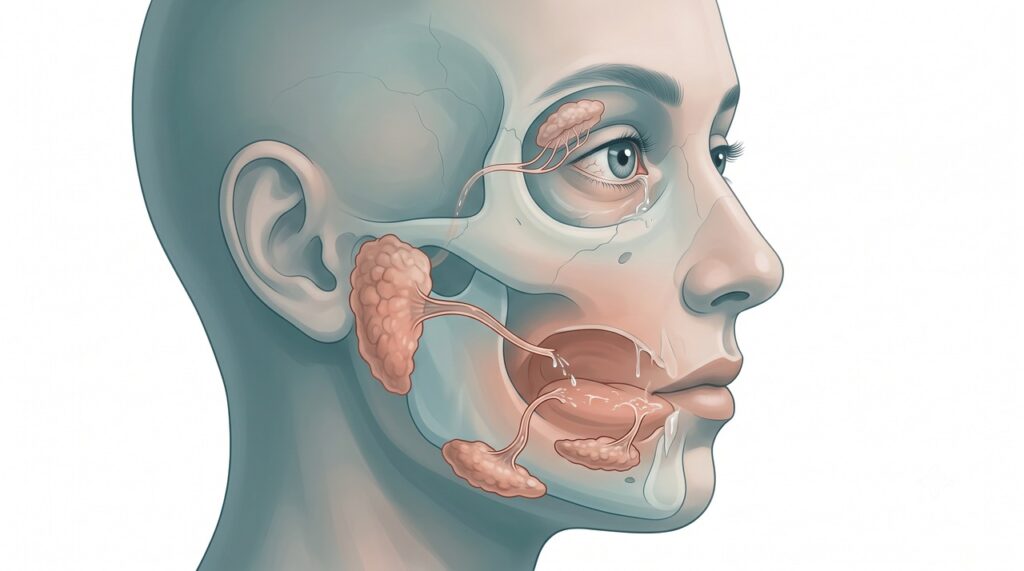 Na síndrome de Sjögren, a inflamação das glândulas reduz a produção de saliva e lágrimas.