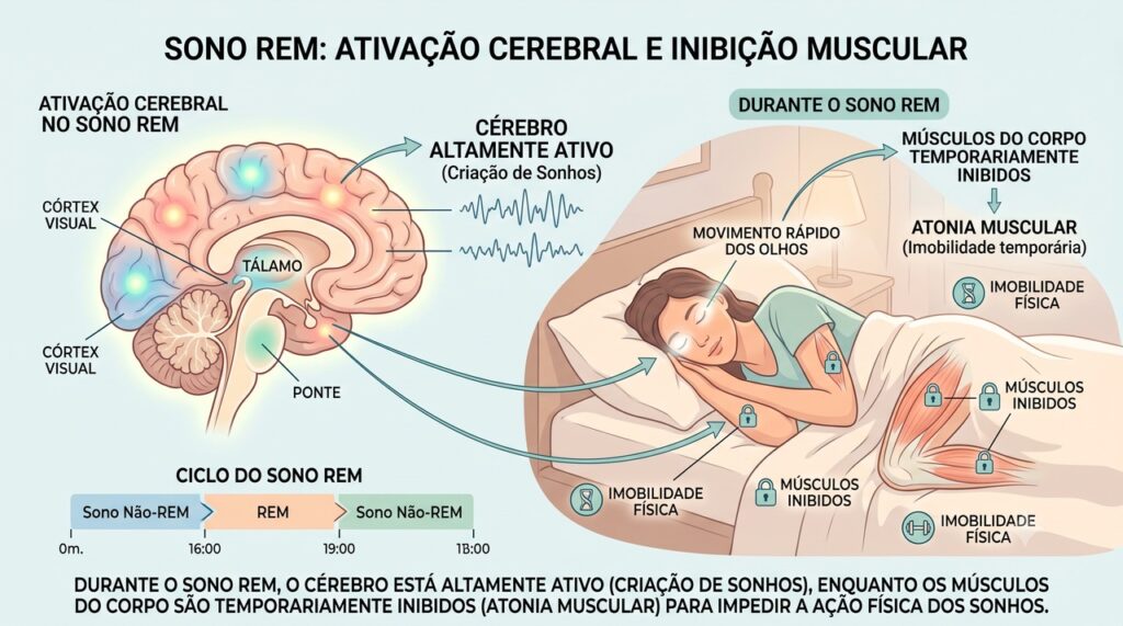 Na paralisia do sono, a consciência retorna antes do fim da atonia muscular do sono REM.
