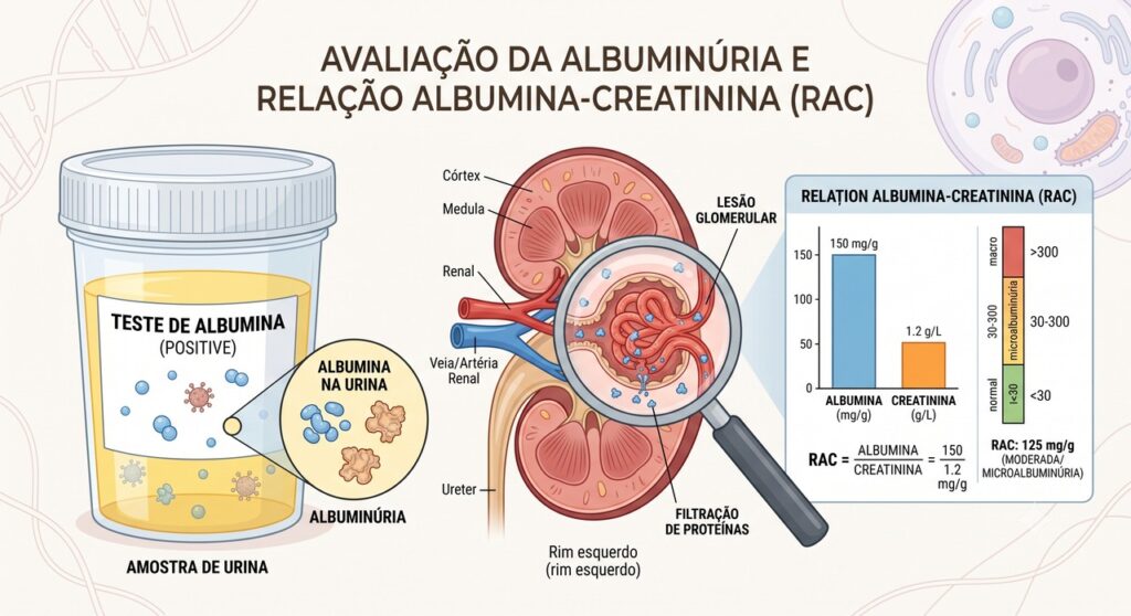 A relação albumina-creatinina mostra se há perda de proteína pela urina.