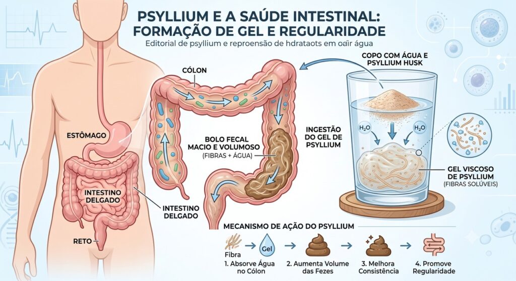 O psyllium absorve água e ajuda a deixar as fezes mais macias.