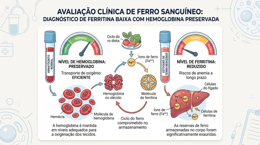 A ferritina ajuda a identificar estoques baixos de ferro quando o hemograma ainda não mostra anemia.