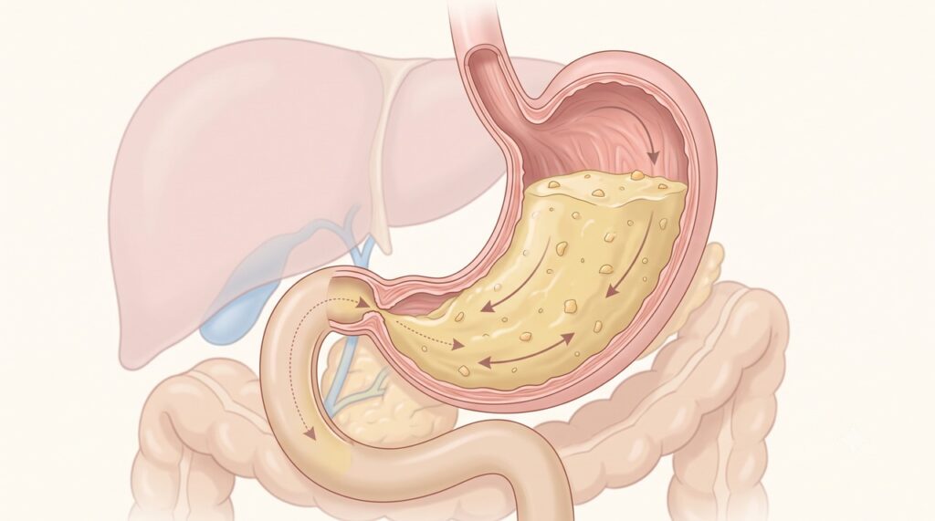 Na gastroparesia, o estômago demora mais para encaminhar os alimentos ao intestino.