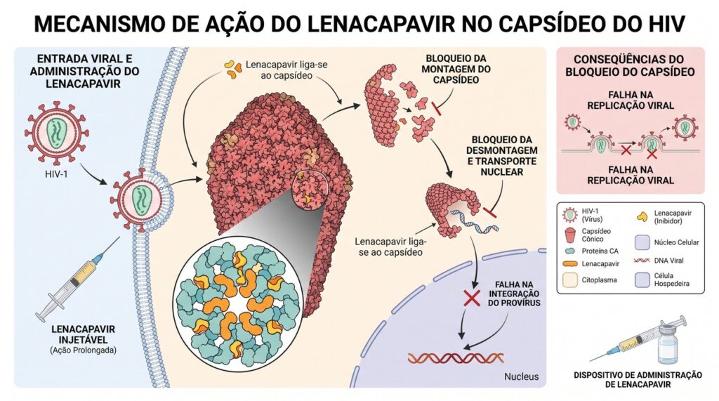 O lenacapavir bloqueia o capsídeo, estrutura essencial para a multiplicação do HIV.