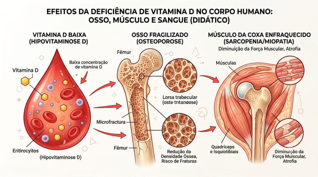 A vitamina D ajuda na saúde dos ossos e no funcionamento dos músculos.
