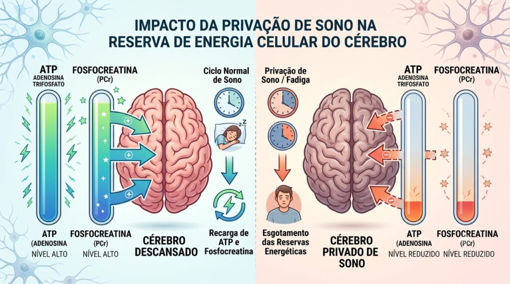 ATP e fosfocreatina ajudam a sustentar a energia cerebral em períodos de maior demanda.