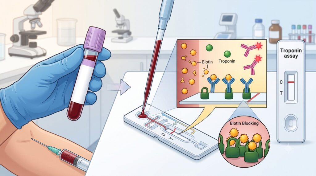 Doses altas de biotina podem interferir em alguns testes de troponina.