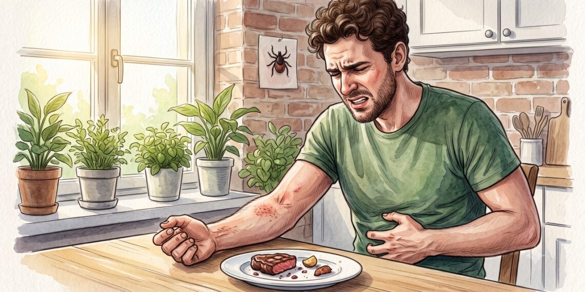 Coceira e dor abdominal horas após carne vermelha podem sugerir alfa-gal.