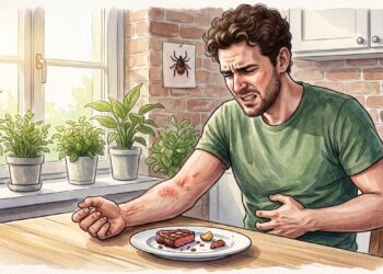 Coceira e dor abdominal horas após carne vermelha podem sugerir alfa-gal.