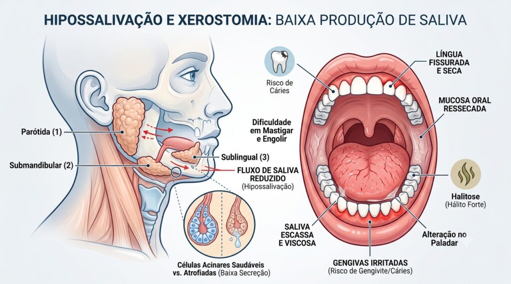 A saliva protege a boca e ajuda na mastigação, fala e deglutição.