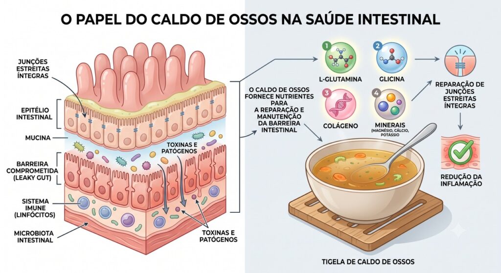A revisão analisou nutrientes do caldo de ossos ligados à barreira intestinal.