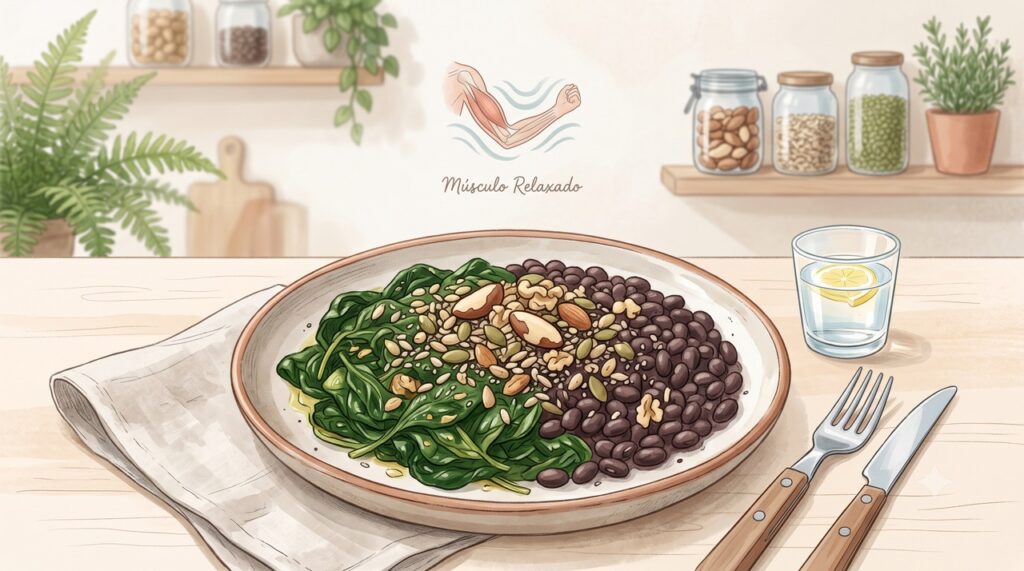 Alimentos como folhas verdes, leguminosas, sementes e castanhas ajudam na ingestão de magnésio.