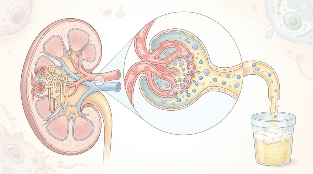 A perda de proteína pela urina pode causar espuma persistente e inchaço no corpo.