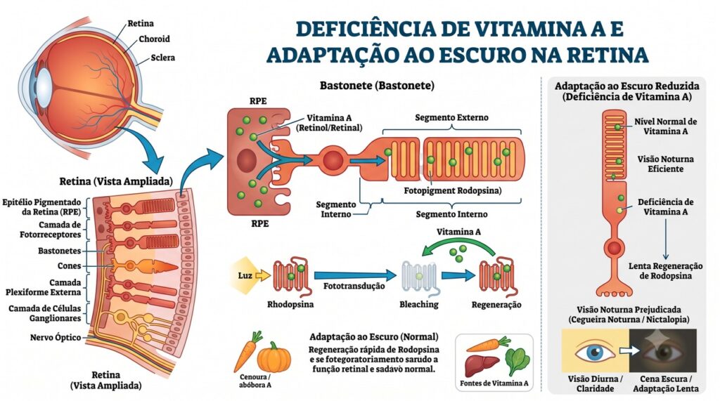 A vitamina A participa da visão em ambientes com pouca luz.