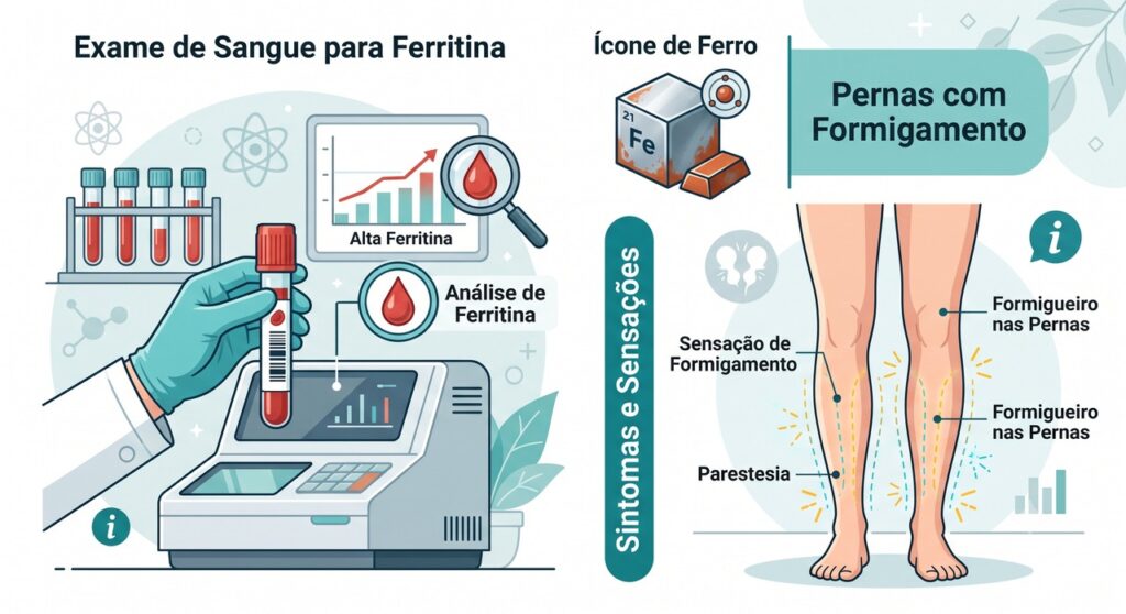 A ferritina ajuda a avaliar os estoques de ferro em casos de pernas inquietas.