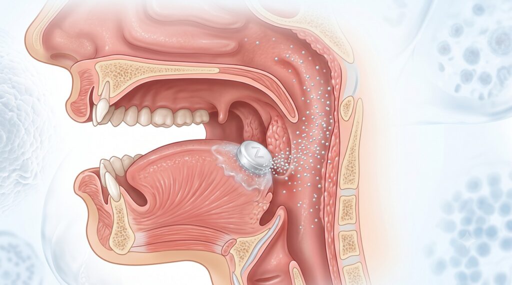 A formulação em pastilha mantém o zinco em contato com a mucosa da boca e da garganta.