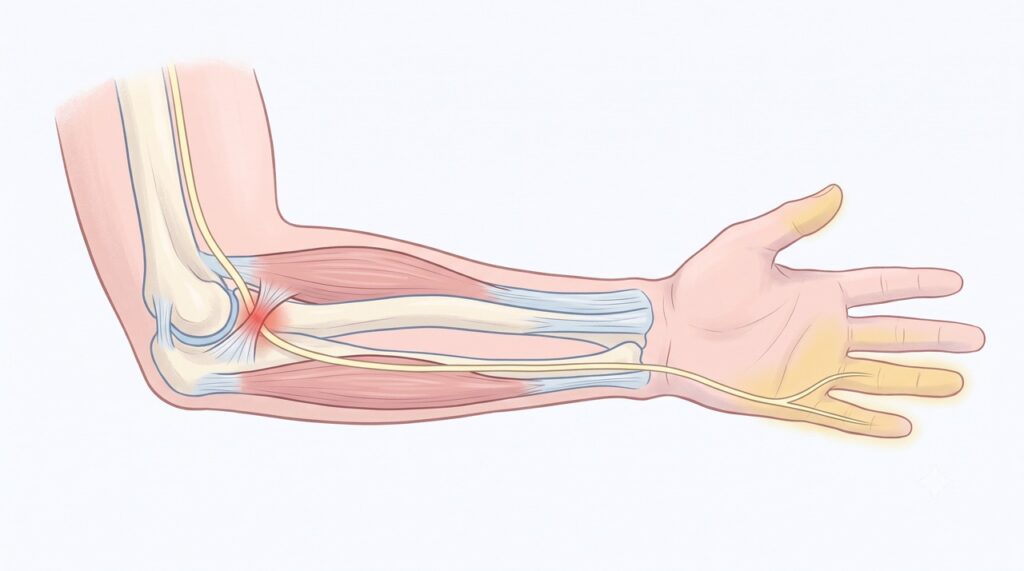 A compressão do nervo ulnar no cotovelo pode causar dormência, dor e fraqueza na mão.
