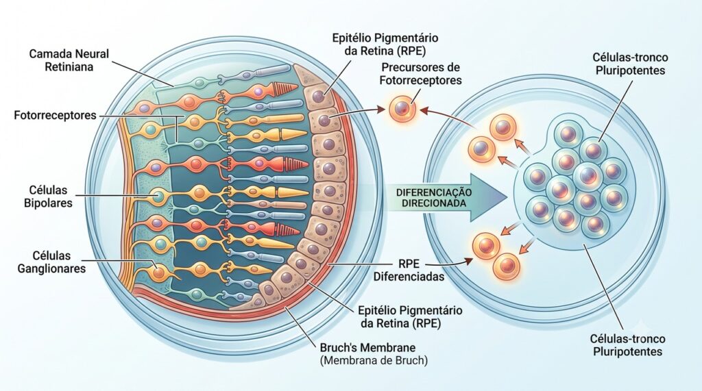 A retina criada em laboratório reproduz partes da estrutura retiniana para estudo científico.