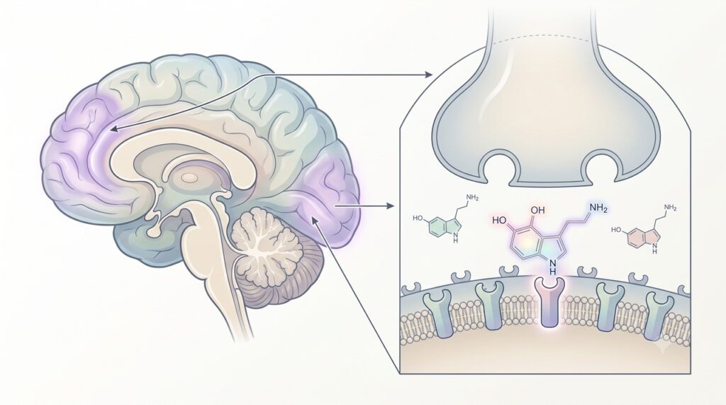 A psilocibina atua em receptores de serotonina ligados à percepção, às emoções e aos padrões de pensamento.