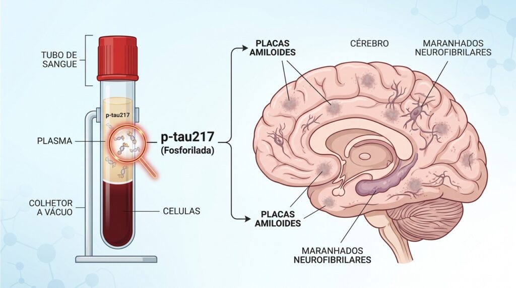 O p-tau217 é estudado como biomarcador sanguíneo ligado à patologia do Alzheimer.
