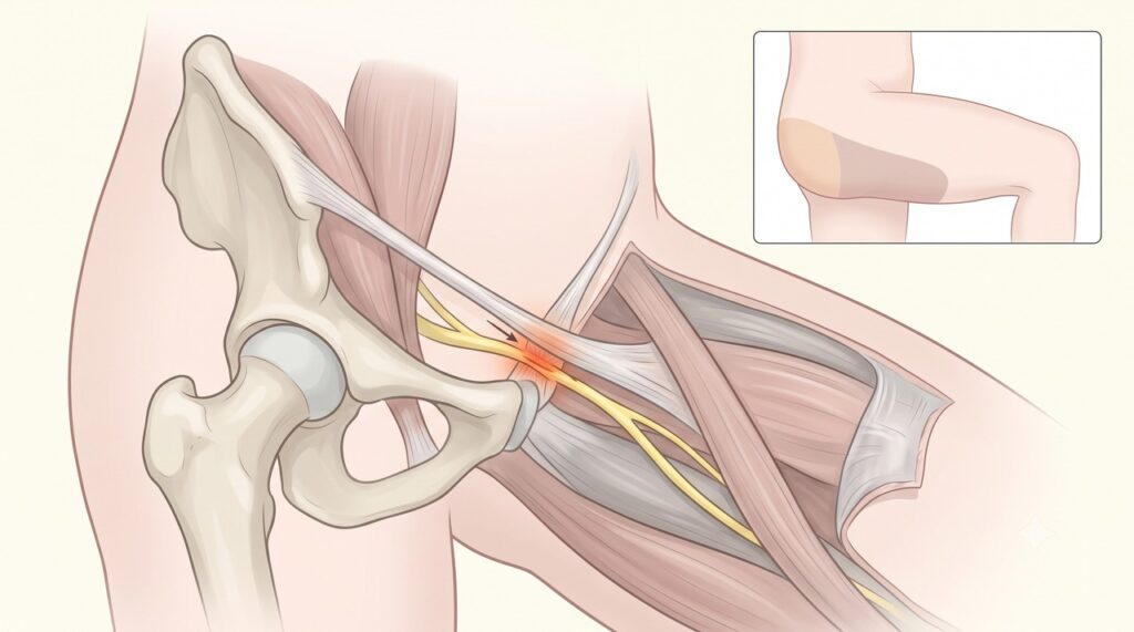A meralgia parestésica ocorre quando o nervo femorocutâneo lateral é comprimido perto da virilha.