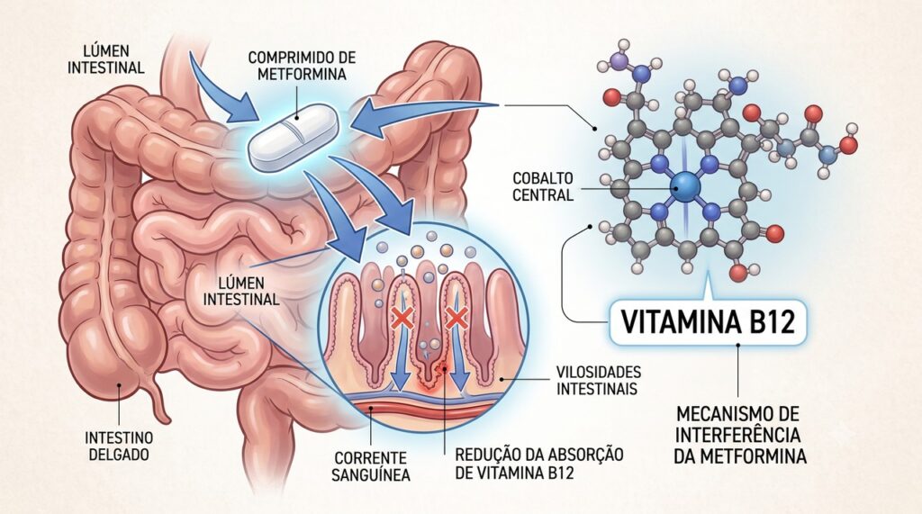 A metformina pode interferir na absorção intestinal da vitamina B12.