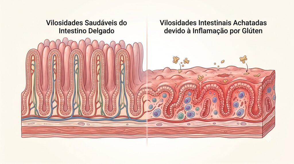 A doença celíaca lesa o intestino delgado e pode prejudicar a absorção de ferro e outros nutrientes.