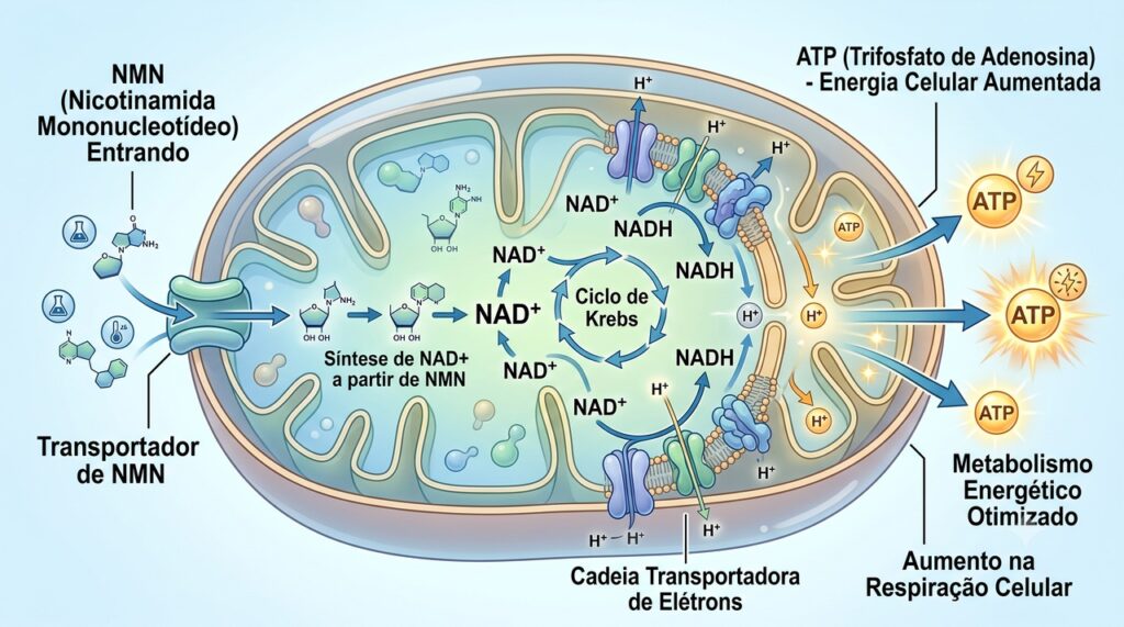 O NMN participa da formação de NAD+, molécula essencial para o metabolismo energético das células.