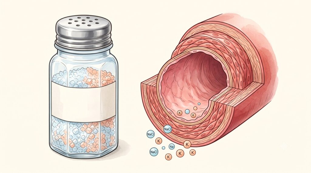 A substituição de parte do sódio por potássio pode favorecer a saúde dos vasos sanguíneos.