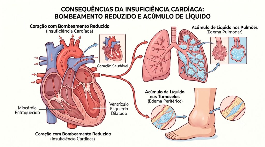 Na insuficiência cardíaca, o acúmulo de líquidos pode causar falta de ar e inchaço.