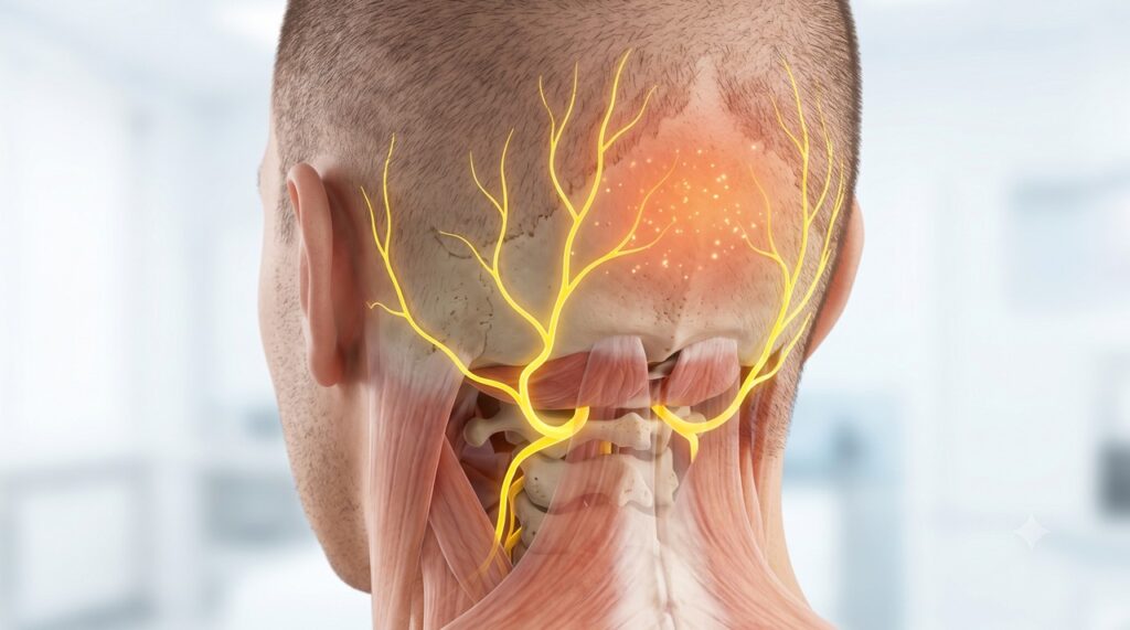 A neuralgia occipital provoca dor ao longo dos nervos que passam pela nuca e pelo couro cabeludo.