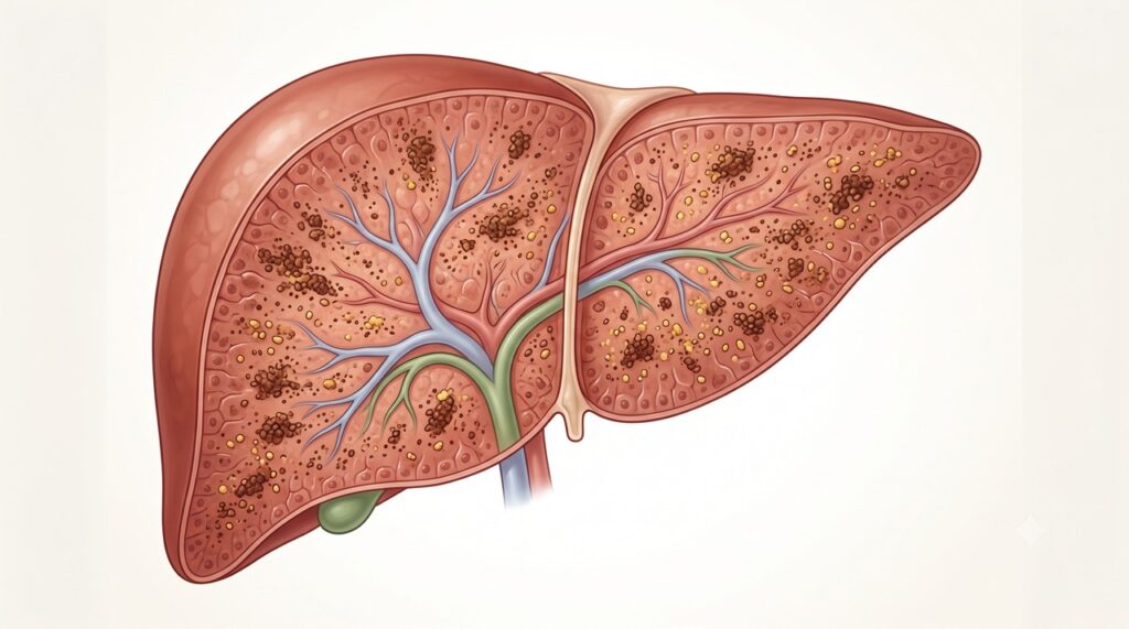 Na hemocromatose hereditária, o excesso de ferro pode se acumular no fígado e em outros órgãos.