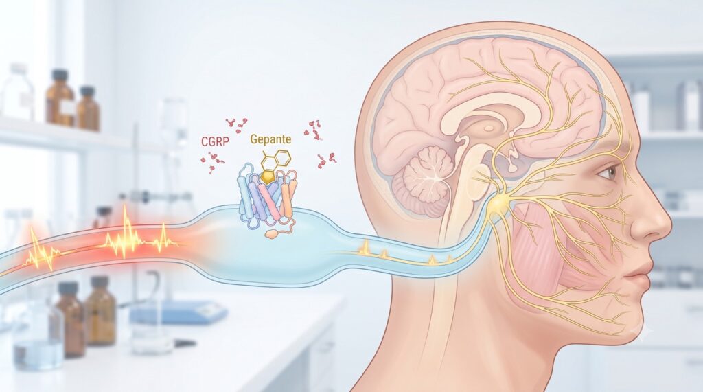 O bloqueio do receptor de CGRP reduz sinais envolvidos na dor da enxaqueca.